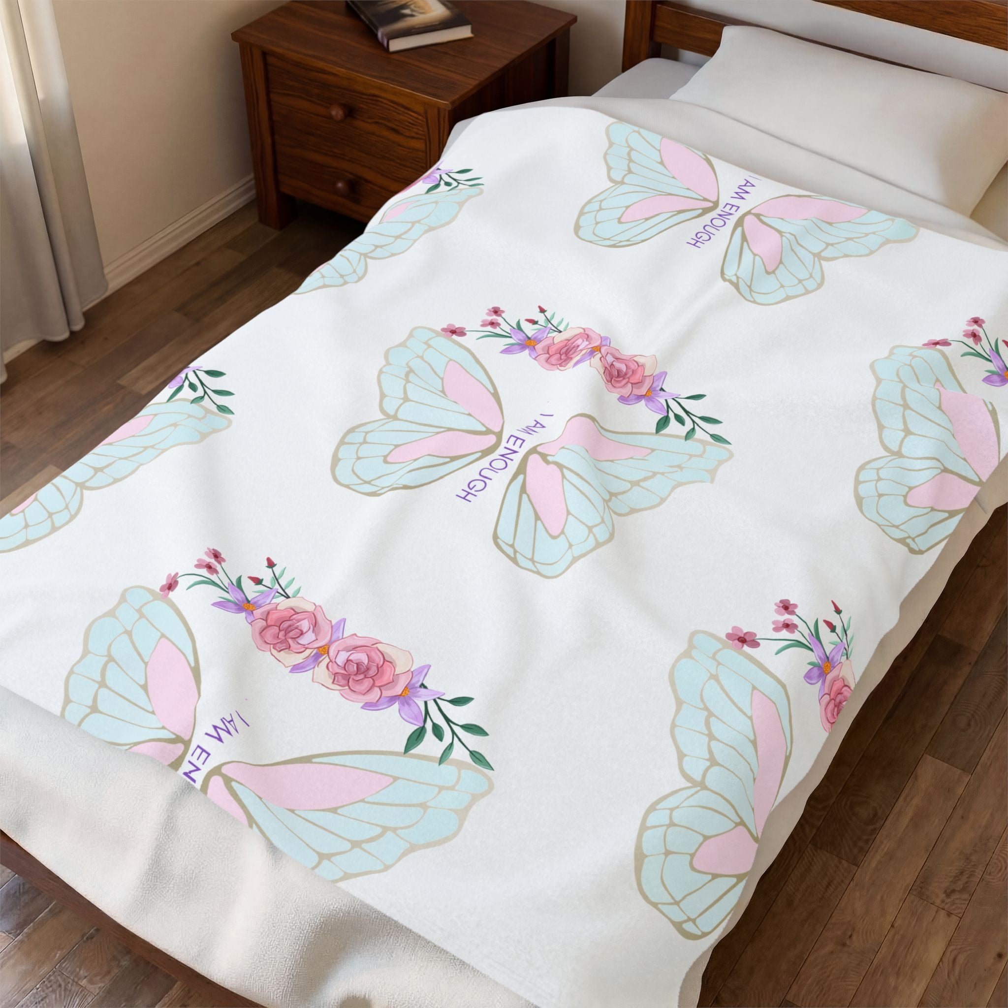 Butterfly 'I Am Enough' Velveteen Plush Blanket - Soft Pastel Comfort Throw